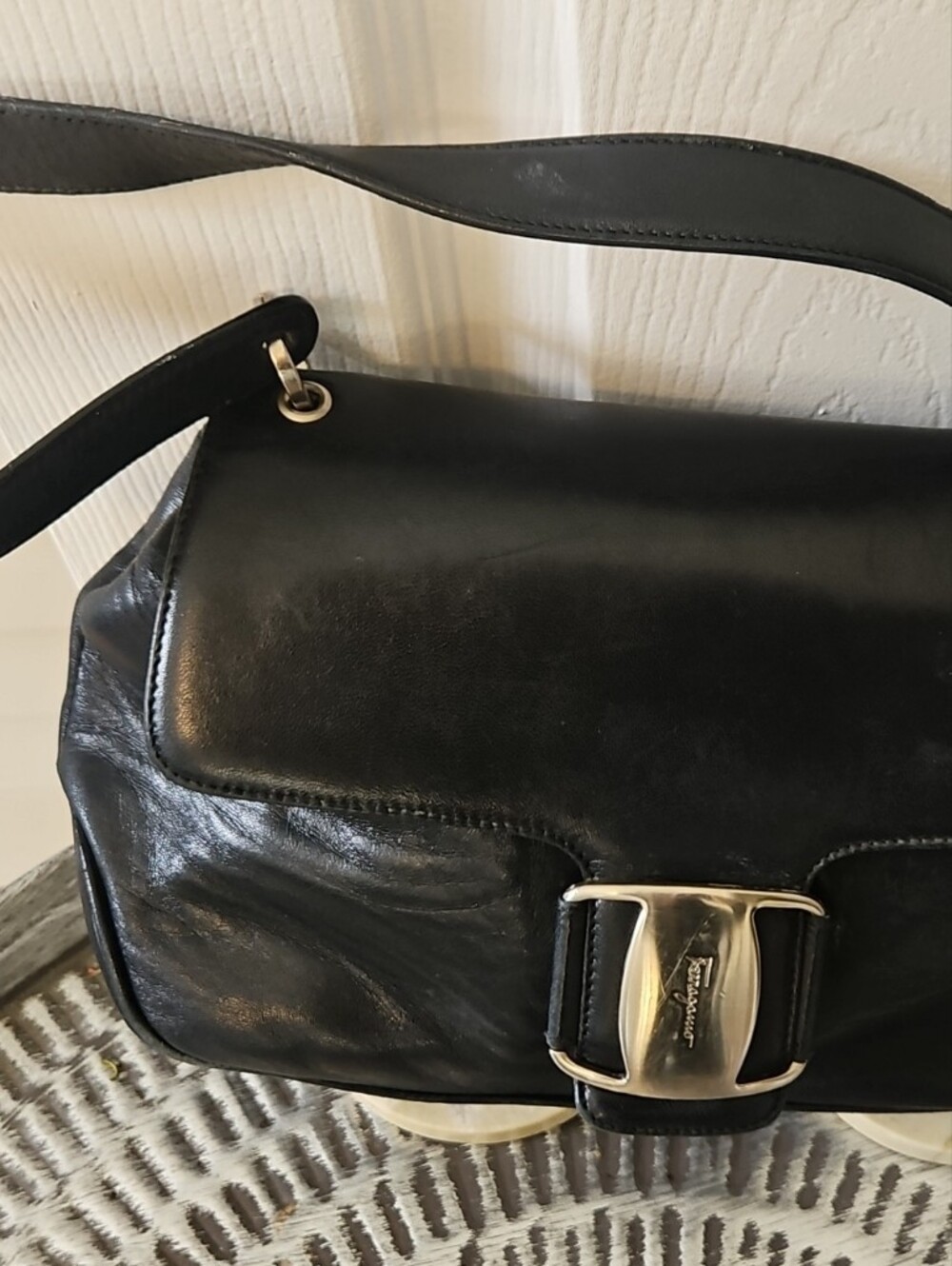 Salvatore Ferragamo Black Leather Shoulder Bag with Silver Buckle